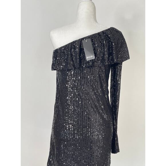Nasty Gal One Shoulder Long Sleeve Black Sequin Mini Dress Size Large New - Picture 5 of 9